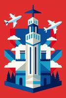 A poster with a tower and airplanes flying over it vector