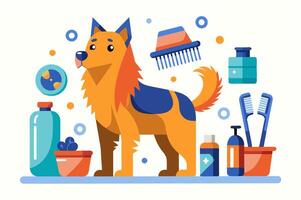 A dog is standing next to a variety of grooming items vector