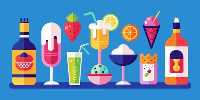 A collection of drinks and drinks on a blue background vector