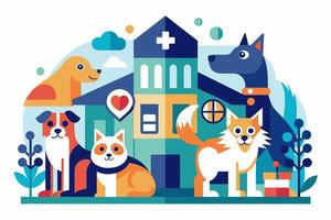 A cartoon illustration of a dog and cat in front of a house vector