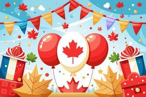 Canada day background with balloons, gifts and flags vector