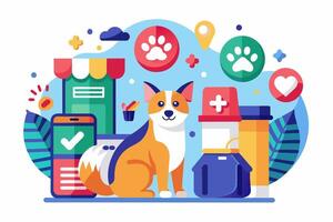 A dog is sitting in front of a computer with a phone and other items vector