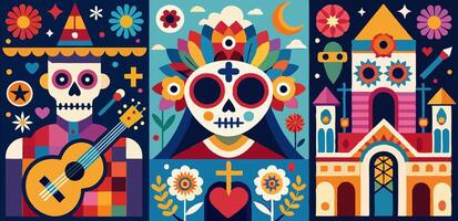 Day of the dead poster with colorful skulls and a guitar vector