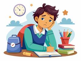 A boy is sitting at a desk with a book and a clock vector