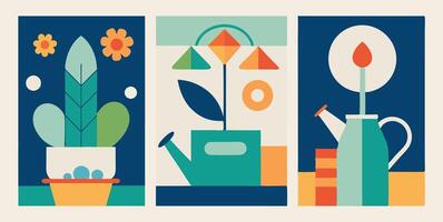 Three different illustrations of plants and flowers vector