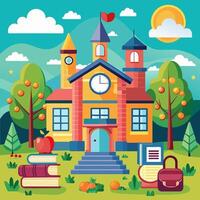 School building with books, clock and apple illustration vector