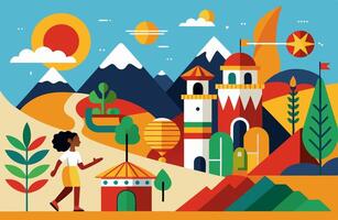 A woman is walking in front of a castle and mountains vector
