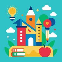 School building with apple, pencils, books and light bulb vector