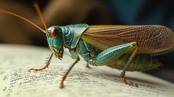 Colorful grasshopper perched on an open book with blurred background during daylight hours photo
