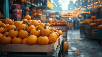 Busy outdoor market filled with bright orange pumpkins during autumn festival celebration photo