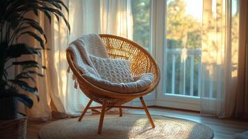 Sunlit indoor space featuring a rattan chair and a lush plant against a light wall backdrop photo