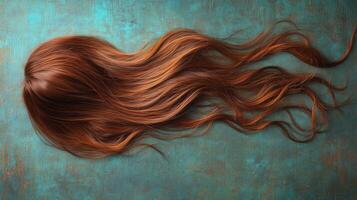 Long, flowing brown hair draped over rustic turquoise wooden surface in natural light photo