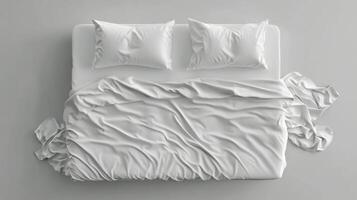 Cozy white bed with rumpled blankets and pillows in a minimalist bedroom setting photo
