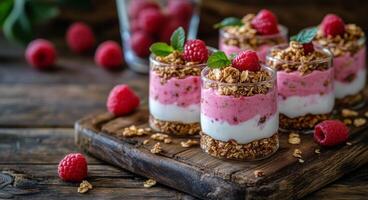 Delicious berry parfaits with granola and yogurt served on a wooden table photo