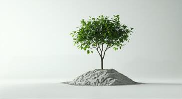 A solitary tree grows on a mound of stones against a minimalist background in soft lighting photo