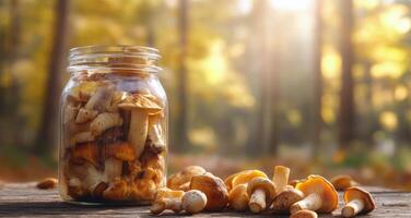 Freshly harvested chanterelle mushrooms in a glass jar on a wooden table in a sunlit forest photo