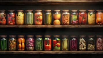 Colorful jars of preserved vegetables lined up on wooden shelves in a rustic setting photo