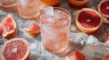 Refreshing grapefruit cocktail with ice and garnished slices on a kitchen countertop photo