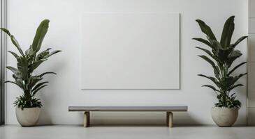 Modern minimalist interior design featuring plants and empty canvas in bright space photo