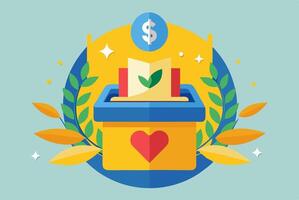 A heart and dollar sign in a box with a green leaf vector