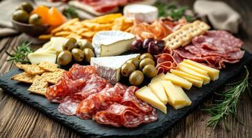 A colorful charcuterie board featuring various meats and cheeses displayed on a rustic wooden table photo
