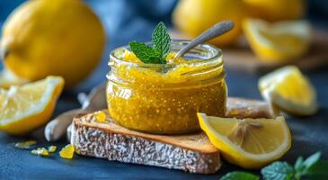 Delicious lemon marmalade in a jar on wooden toast with fresh lemons and mint in soft light photo