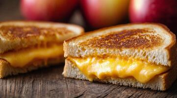 Grilled cheese sandwich with melted cheese served alongside fresh apples in a rustic setting photo