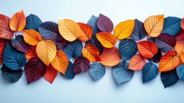 Vibrant autumn leaves create a colorful frame on a white background in a seasonal display photo