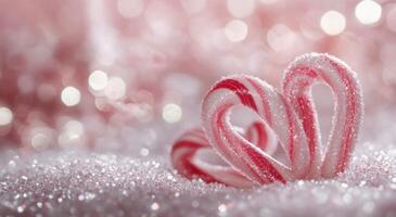 Sweet heart-shaped lollipop and candy cane against a sparkling pink background photo