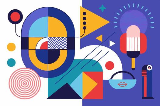 A colorful illustration of a microphone, a clock, and other objects vector