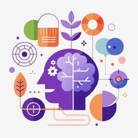 An illustration of a person's head with a brain and other icons vector