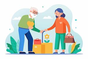 An elderly man and woman are holding a box with a heart vector