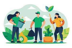 People in green shirts and hats are cleaning up the environment vector