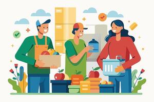 People are standing around a table with food and other items vector