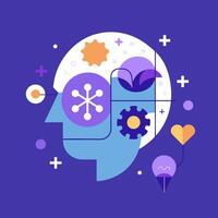 An illustration of a person's head with gears and other objects vector
