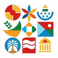 A set of colorful symbols that include a flag, a tree, a palm tree, a palm vector