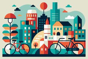 An illustration of a city with bicycles and buildings vector