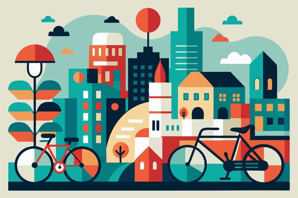 An illustration of a city with bicycles and buildings