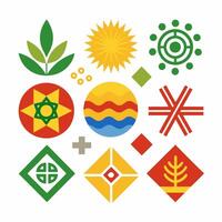 A set of symbols that include a sun, a leaf, a tree, a leaf, a vector