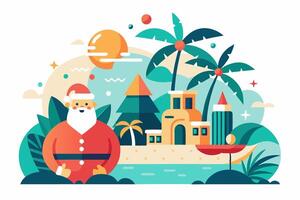 Santa claus on the beach with palm trees and a house vector