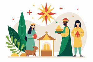 Nativity scene with three people and a star vector