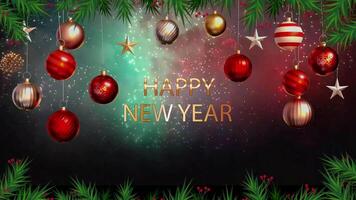 Animation golden text HAPPY NEW YEAR with colorful firework background for design Christmas or new year template. video