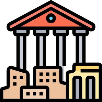 un edificio con columnas y un rojo techo vector