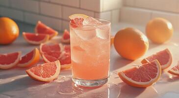 Refreshing grapefruit cocktail with ice and garnished slices on a kitchen countertop photo