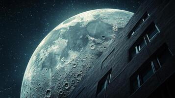 A close-up view of the moon from an urban balcony on a clear night, highlighting its craters photo