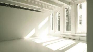 Bright and airy empty room with sunlight streaming through large windows in a minimalist setting photo