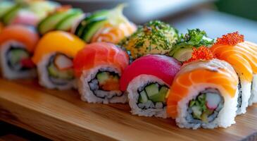 Colorful sushi rolls on a wooden platter with fresh ingredients arranged attractively photo