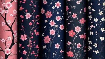 Beautiful cherry blossom branch with delicate flowers against a soft pink background in spring photo
