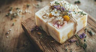 Handcrafted herbal soap with dried flowers on wooden surface in natural setting photo