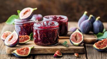 Homemade fig jam in a jar with fresh figs on wooden table during warm afternoon photo